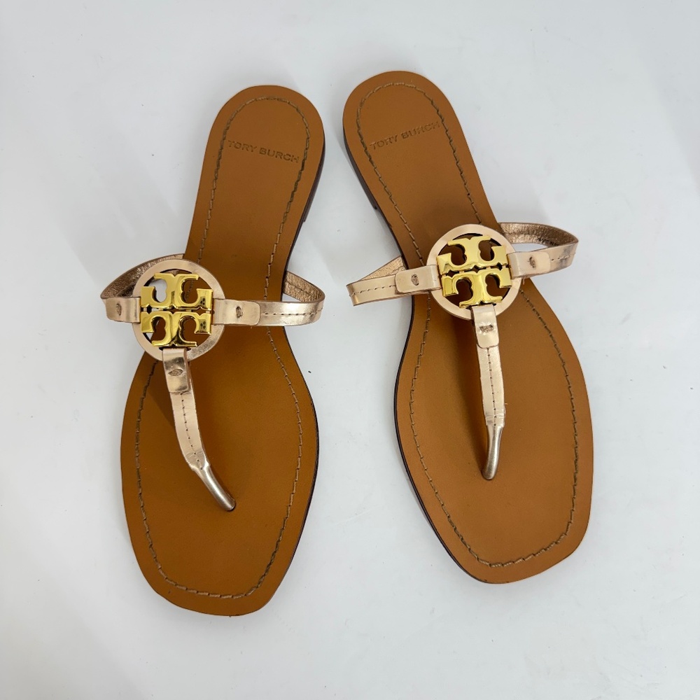 Tory Burch Women Sandals Metallic Rose Gold Leather Thong Flip Flops Size 7 Chic